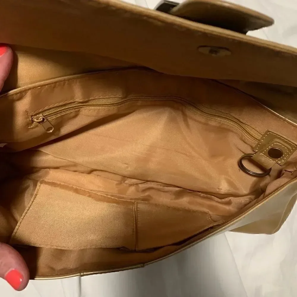 Gold Vegan Leather Clutch W/Removable Chain Strap